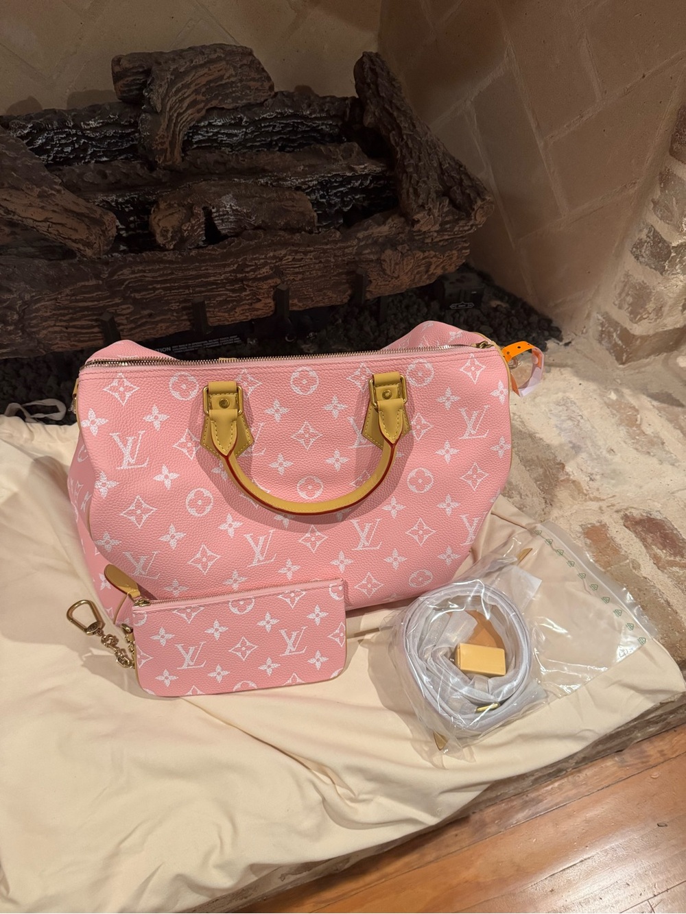 Pink Monogram Speedy-Style Tote with Tan Trim and wallet